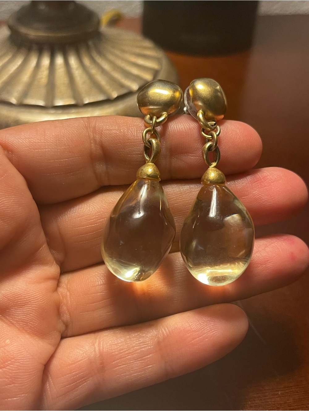 Gold-Tone BAYANIHAN Teardrop Drop Earrings - Clear Lucite Vintage Design Jewelry